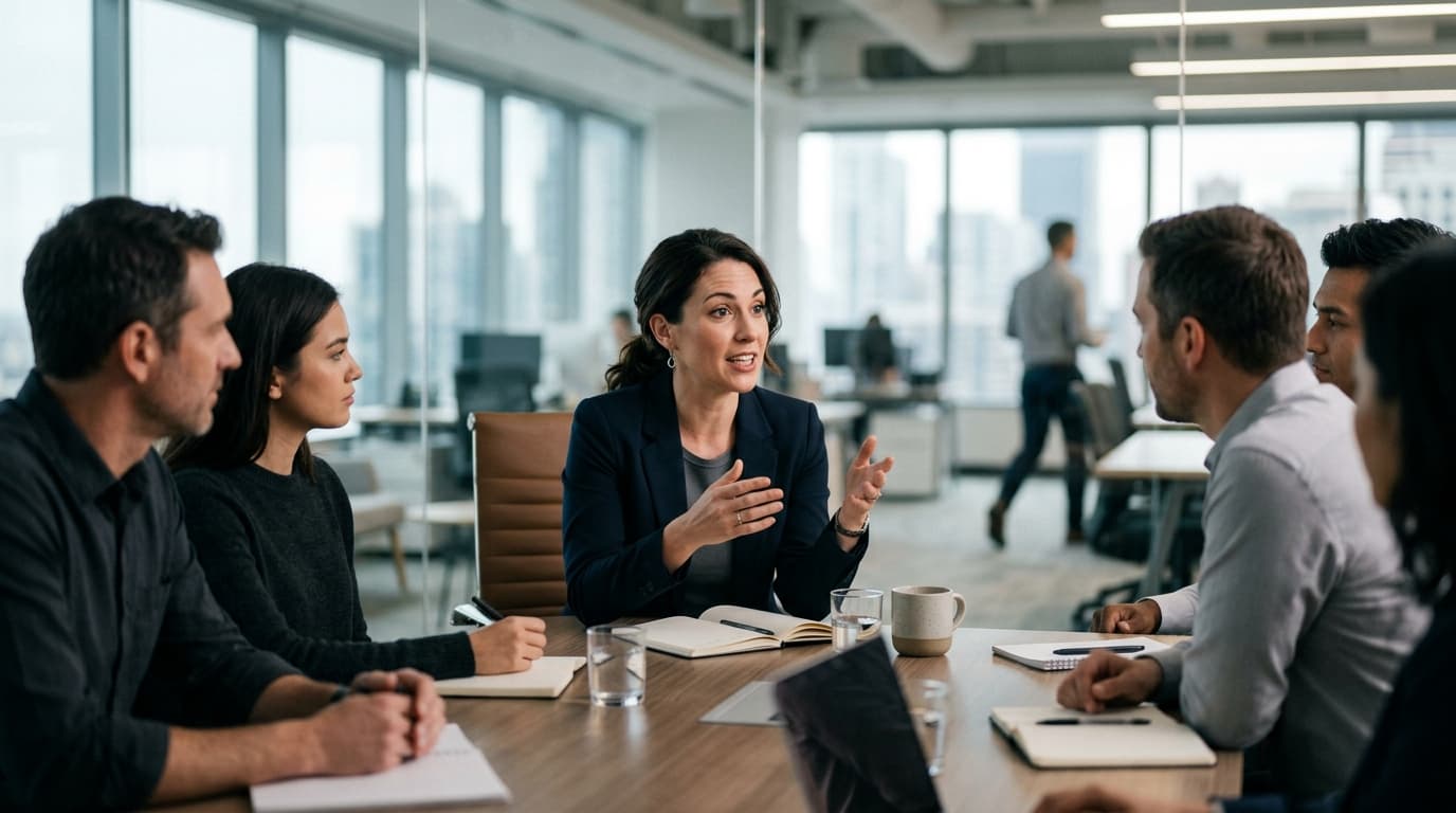Profissional se comunicando em reunião de trabalho com colegas em escritório moderno
