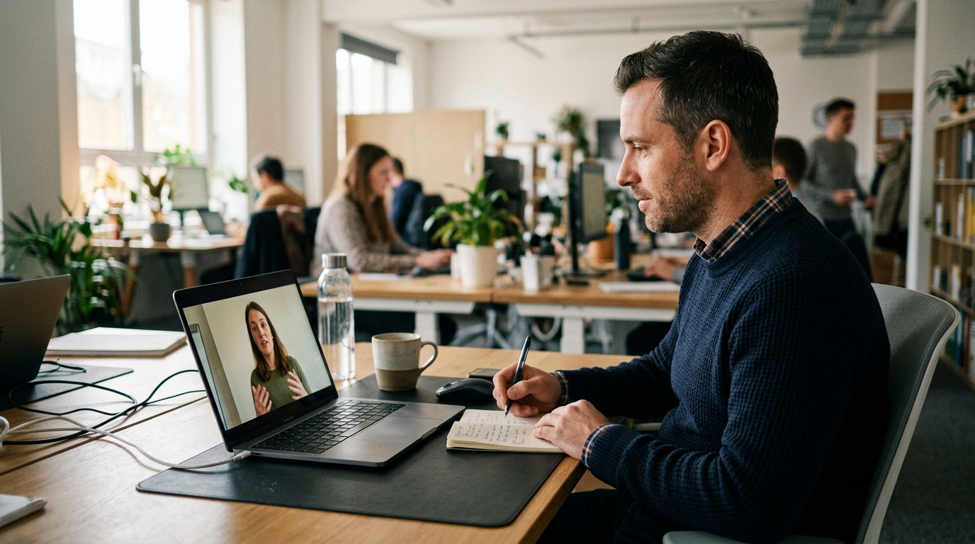 Recrutador analisando entrevista por vídeo em tela de computador durante processo seletivo