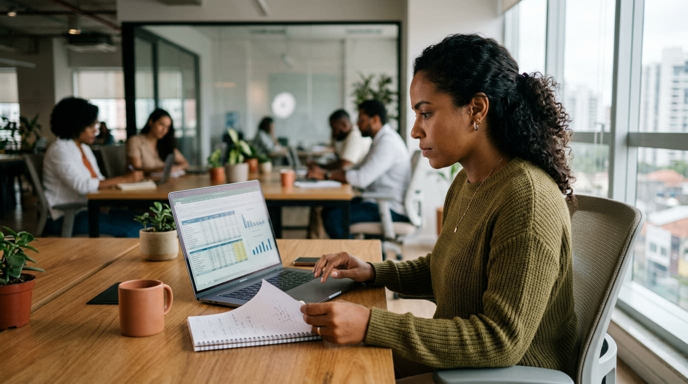 Profissional analisando dados salariais e anotações de desempenho em notebook durante preparação para negociação de aumento
