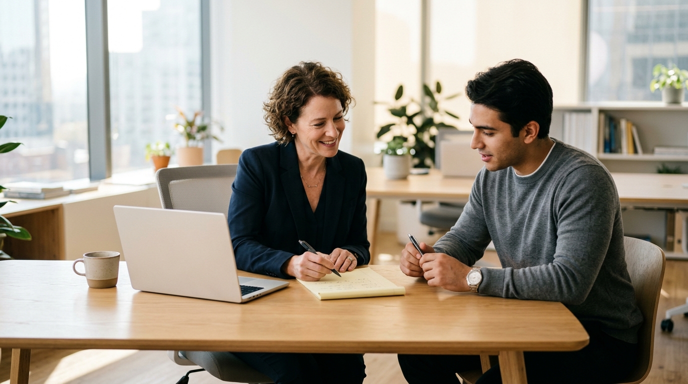 Profissional revisando anotações de entrevista de emprego com apoio de notebook durante sessão de preparação