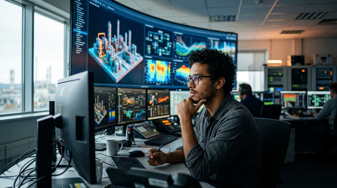 Analista observando painéis de simulação de gêmeo digital em sala de controle industrial moderna