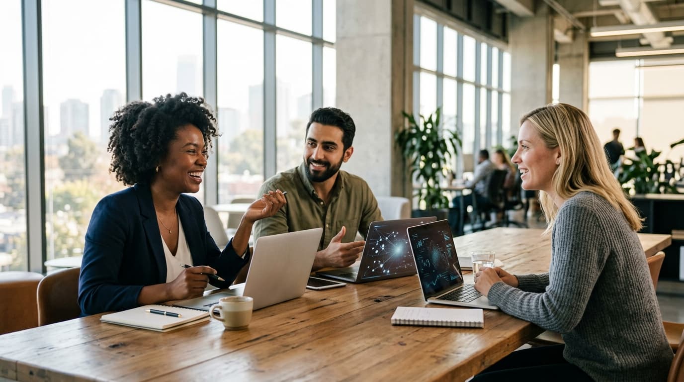Profissionais discutindo o uso de ferramentas de Inteligência Artificial em um ambiente de trabalho moderno.